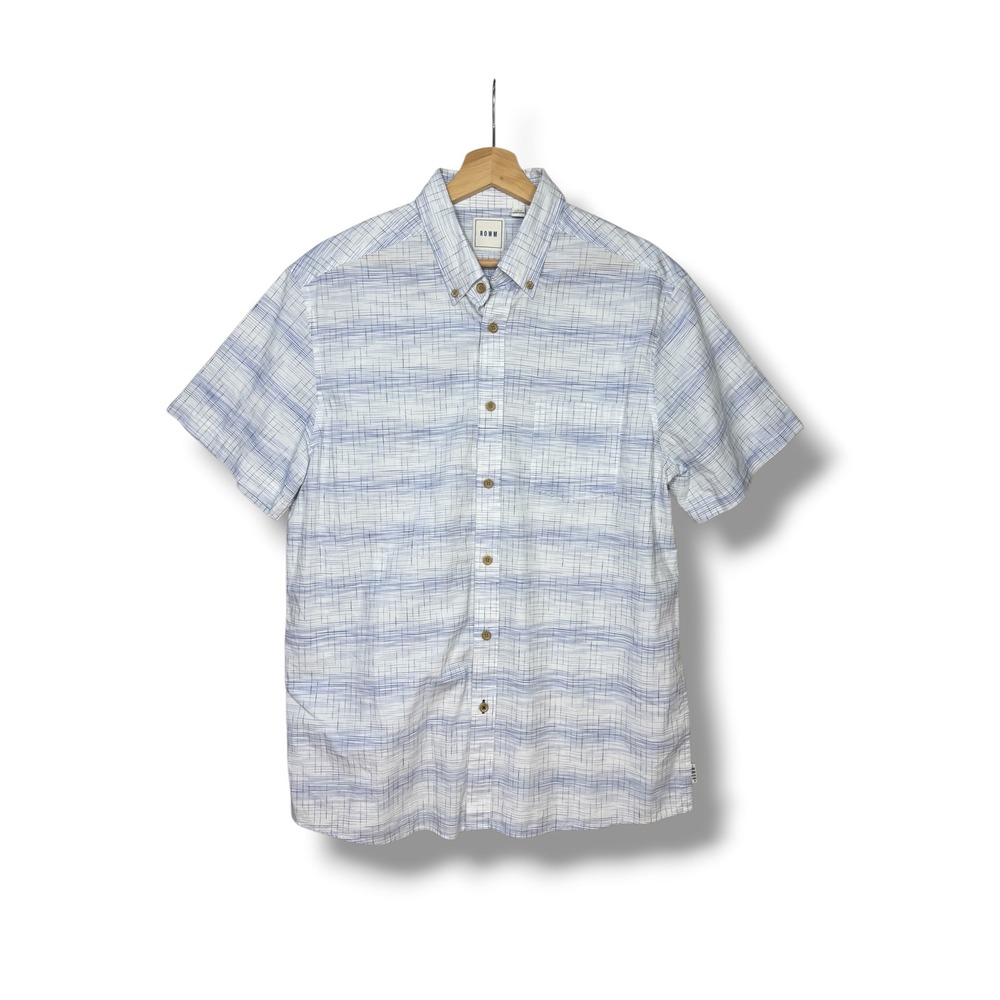 ROWM Men's L Blue White Space Dye Stripe Short Sleeve Button Down Shirt Cotton